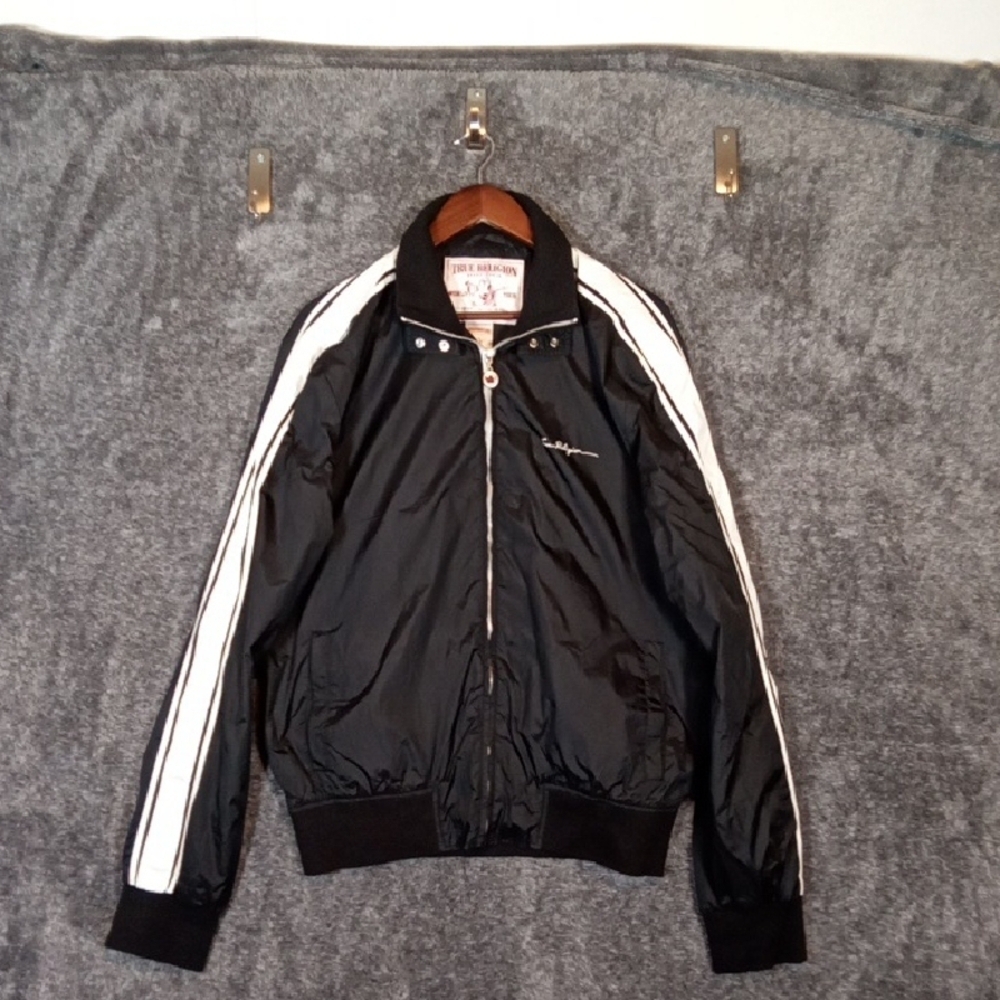 True Religion Windbreaker Striped Sleeves Full Zip High Neck Mens Xl